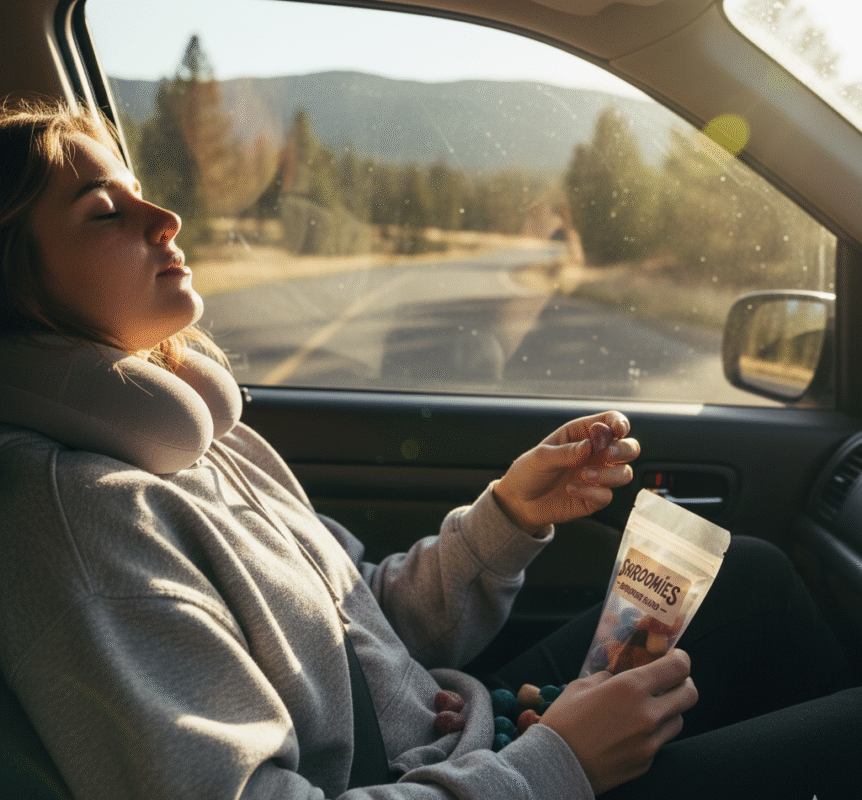 Person relaxing in car seat during road trip with gummies