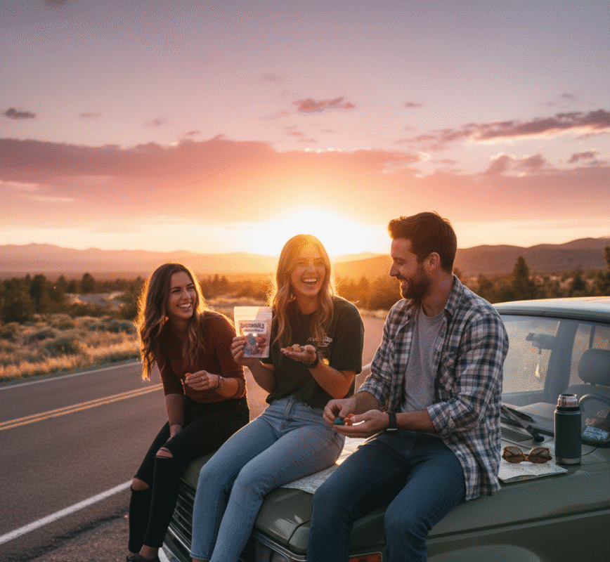 Friends on road trip enjoying mushroom gummies at sunset