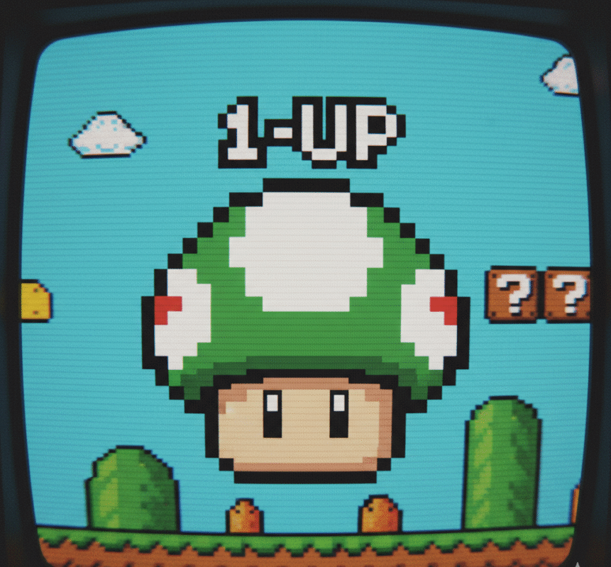 Super Mario One Up Mushroom close-up retro gaming style